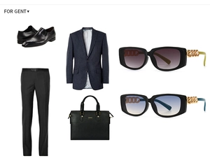 Flat lay of men's business suit set with leather bag and square sunglasses
