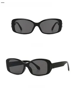 Front and 45-degree side views of modern square sunglasses with thick black frames