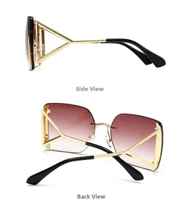 Détail de lunettes de soleil carrées rétro avec branches géométriques dorées creuses