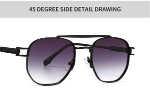 45-degree side view of classic pilot sunglasses with purple gradient lenses and black frame