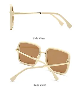 Detailed side and back view of narrow cream square sunglasses with slim gold metal temples