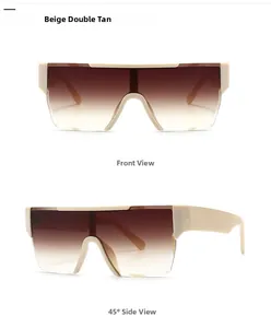 Front and 45-degree side view of beige flat-top sunglasses with brown gradient lenses