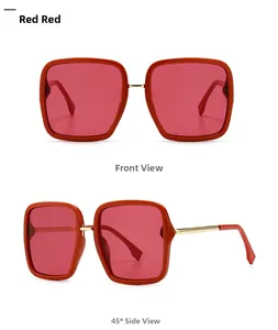 Front and 45-degree angle view of narrow red square sunglasses with metal temples