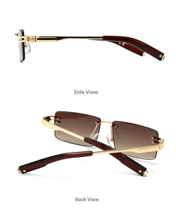 Detail view of rimless tea gradient lenses and gold metal temples with red tips