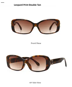 Detail view of retro leopard print square sunglasses with golden metal hinge accents