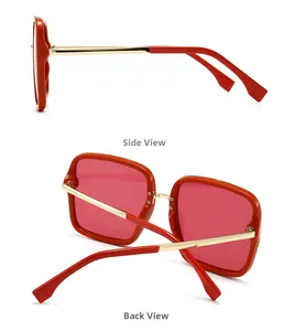 Detail view showing side and back of modern orange square sunglasses with gold metal temples