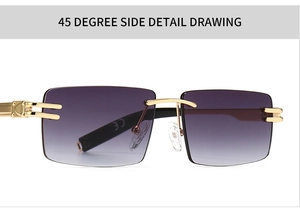 Detail of rimless sunglasses featuring gradient purple lenses and gold metal temples