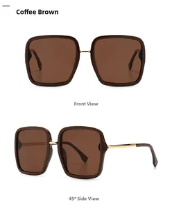 Detailed front and 45-degree side view of coffee-colored square resin sunglasses