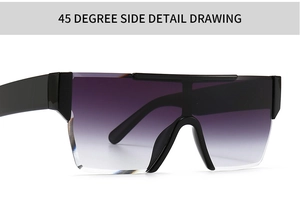 45-degree side view of oversized flat top sunglasses with purple gradient lenses
