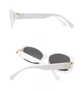 Side and back view of white square sunglasses with gold metal hinges and rivets