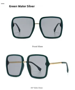 Front and 45-degree side view of modern square sunglasses in green water silver finish