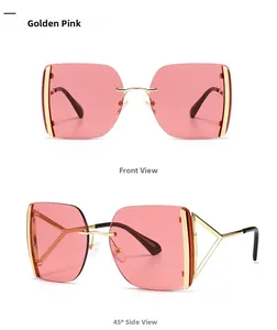 Détails macro de lunettes de soleil carrées oversize avec verres dégradés roses et monture dorée