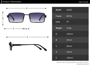 Detailed size chart for retro rectangular sunglasses with frame and lens measurements