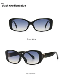 Detail view of modern square sunglasses with black frames and blue gradient lenses