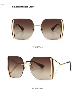 Détails de lunettes de soleil carrées rétro avec monture dorée et branches découpées