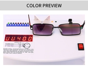 UV400 test showing black square sunglasses with purple gradient lenses filtering UV light