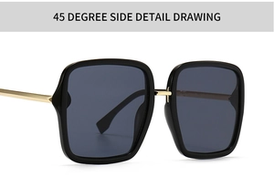Detail view showing 45-degree side profile of black square sunglasses with gold metal temples