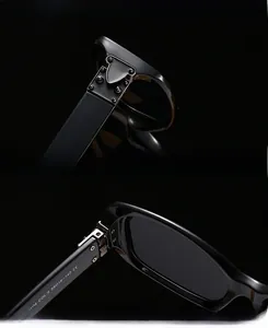 Close-up of reinforced metal hinges and UV-protective lenses on black square sunglasses