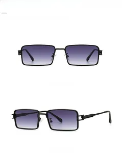 Front and 45-degree side view of modern retro square black sunglasses with grey gradient lenses