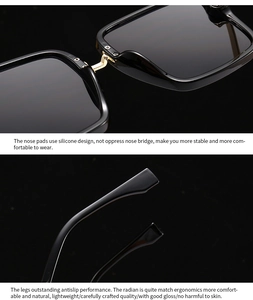 Detail view of square sunglasses featuring soft silicone nose pads and ergonomic temples