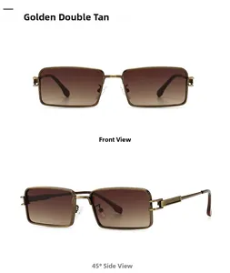 Detail view of vintage narrow rectangular sunglasses with golden frames and tan gradient lenses