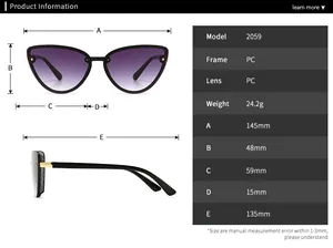 Detailed size chart for 2059 cat-eye sunglasses featuring PC frame and gradient lenses