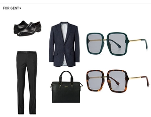 Business style flat lay with dark blazer, leather shoes, briefcase and square sunglasses