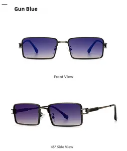 Detailed front and side view of rectangular gunmetal sunglasses with blue gradient lenses