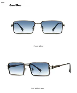 Detailed views of gunmetal rectangular sunglasses with blue gradient lenses in two angles