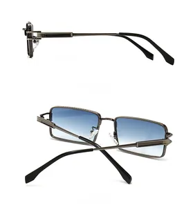 Side and back view detail of modern retro rectangle sunglasses with gray metal frames