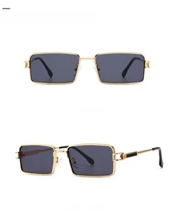 Front and 45-degree side views of modern retro square metal sunglasses with black grey lenses