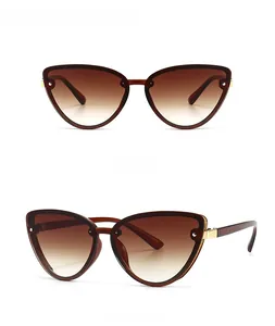 Detailed front and side view of brown gradient cat eye sunglasses with gold accents