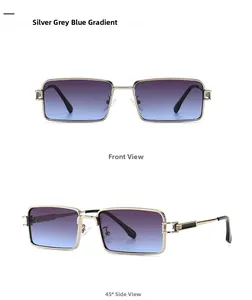 Front and 45-degree angle views of retro rectangle sunglasses with silver metal frames
