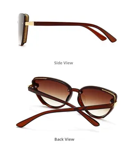 Detail view of cat eye sunglasses with brown gradient lenses and gold glitter frames