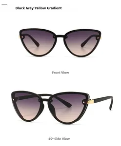 Front and 45-degree side views of black cat-eye sunglasses with grey-yellow gradient lenses