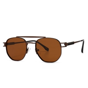 Retro round sunglasses with dark brown lenses and antique bronze metal frame shown at 45 degrees
