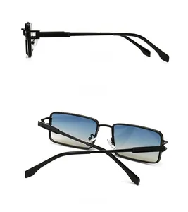Side and back view of retro square black sunglasses with blue gradient lenses
