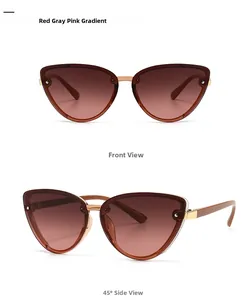 Front and side view of trendy cat-eye sunglasses with red-grey-pink gradient lenses