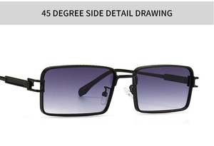 Detail view of modern rectangular sunglasses with metal frames and purple gradient lenses