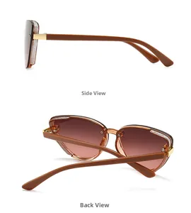 Detail view of cat-eye sunglasses with side and back angles showing brown glitter frames