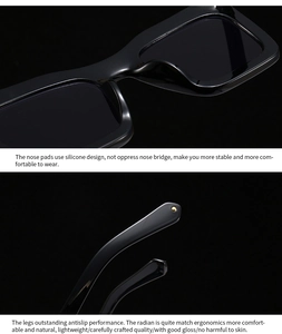 Détail de lunettes de soleil carrées montrant plaquettes en silicone et branches ergonomiques