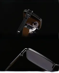 Detail view of square sunglasses featuring cross pattern embossing and UV protected lenses
