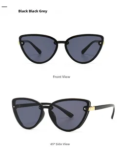 Front and side macro views of black cat-eye sunglasses with gold metal hinges