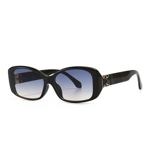 Modern rectangular sunglasses with black frame, gradient blue lenses and marble temples