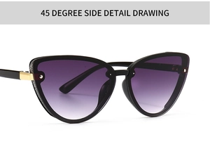 Detailed side view of black cat-eye sunglasses with purple gradient lenses and silver glitter