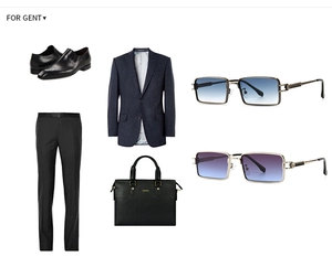 Business style set with pinstripe blazer, leather shoes, bag, and square sunglasses