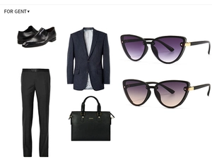 Flat lay of men's striped blazer, leather shoes, business bag and cat-eye sunglasses