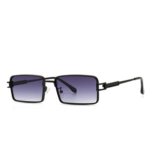 Modern rectangular metal sunglasses with black frame and purple gradient lenses