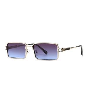 Modern rectangle metal sunglasses with gold frame and blue purple gradient lenses