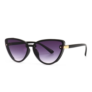 Modern cat-eye sunglasses with purple gradient lenses and black frame on white background